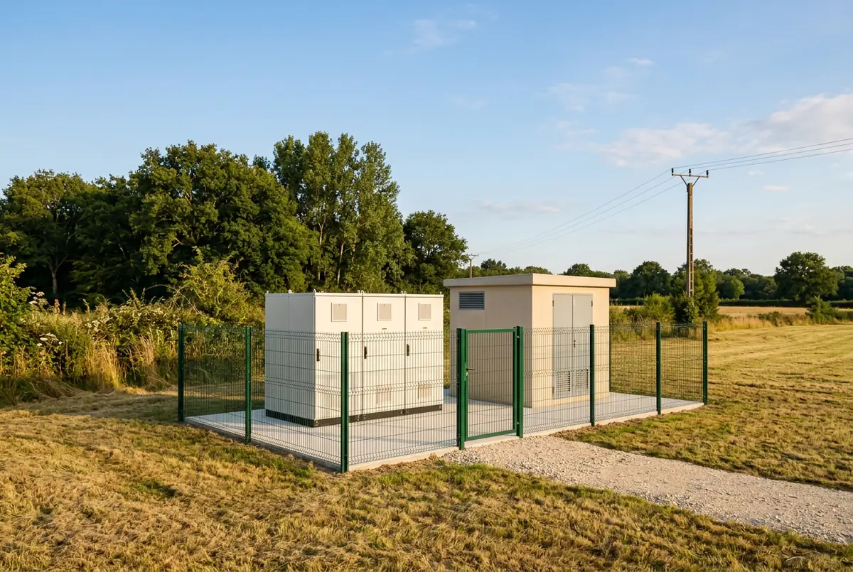 Vue d'artiste : deux armoires de stockage d'électricité et un local technique, clôturés sur une dalle en bordure de champ, près d'une ligne électrique.