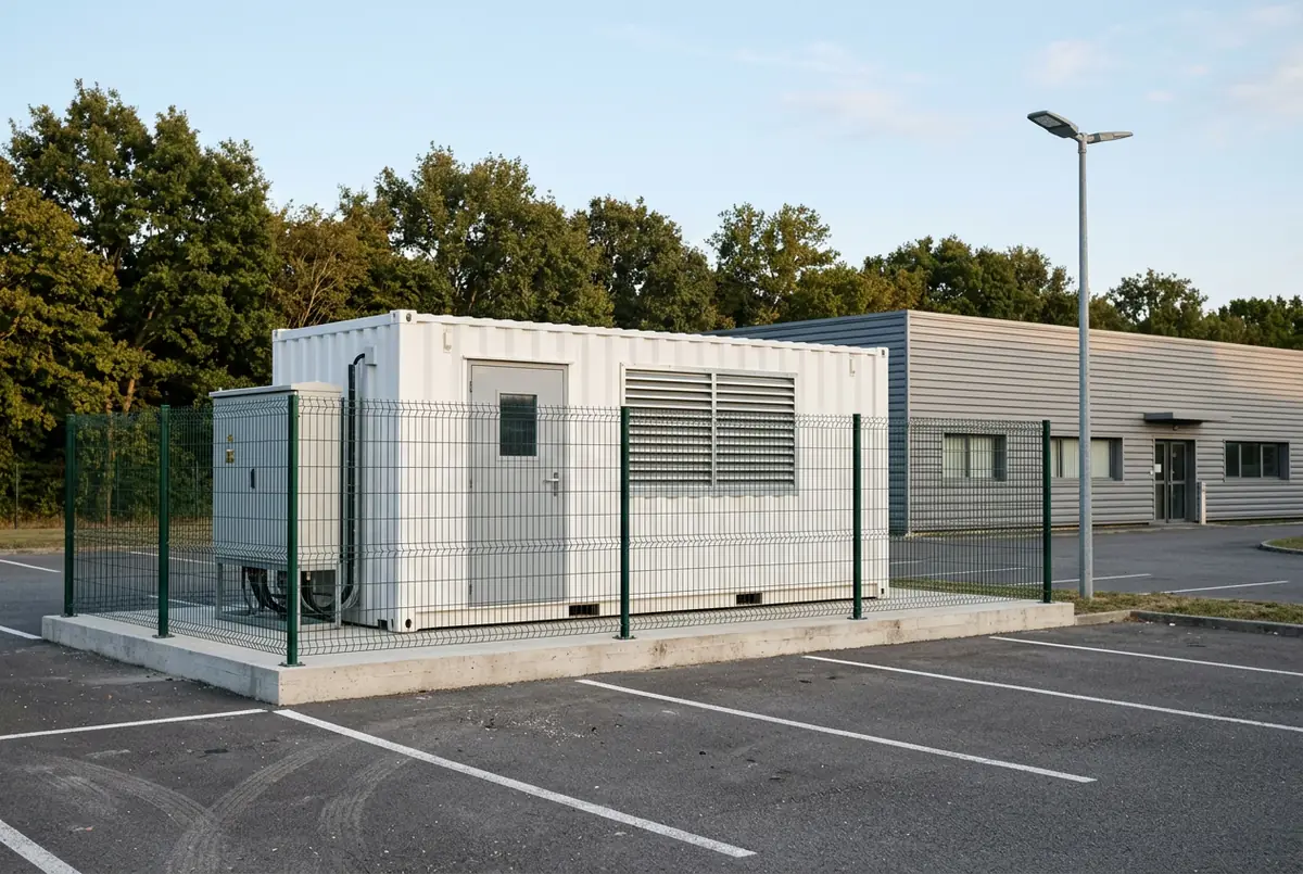 Vue d'artiste : un conteneur datacenter clôturé, posé sur une dalle en bordure d'un parking de zone d'activité.